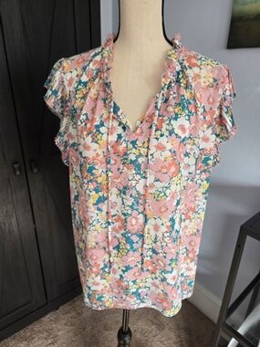 Floral Ruffle Tie-Neck Blouse - Pink Teal Floral